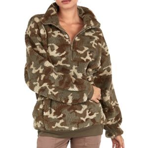 Cozy Camo Print Sherpa Quarter Zip Sweatshirt